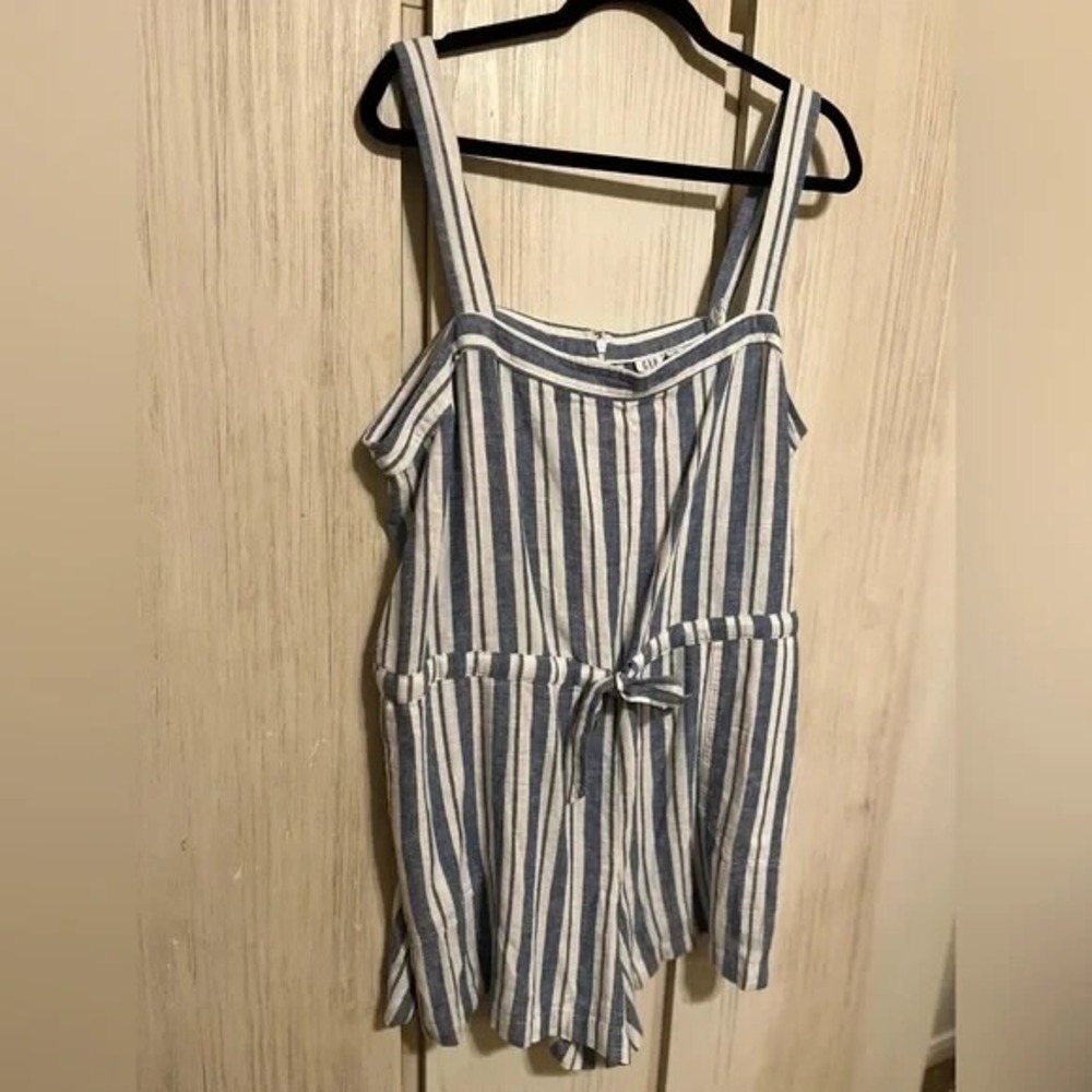 GAP Womens Blue White Striped Linen Blend Tie Waist‎ Romper Size 18 Adjustable - Picture 7 of 8